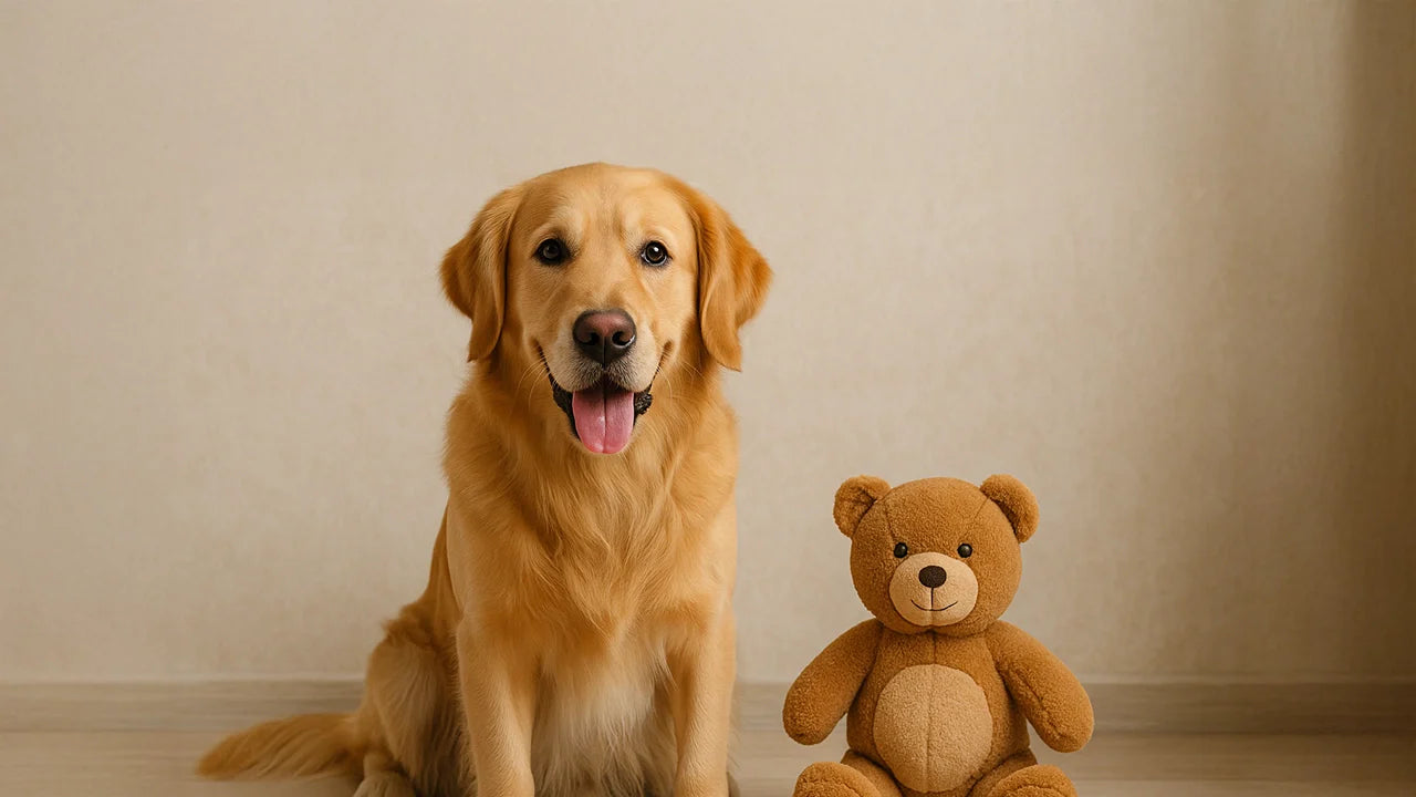 Golden Retriever met pluche speelgoed van Hondenhoek.com – perfect speelgoed voor rustige honden