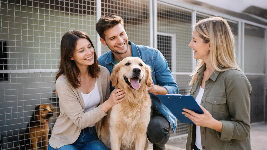 Hondenadoptie moment in dierenopvang met blije hond en twee begeleiders — warm, liefdevol en informatief beeld voor Hondenhoek over verantwoord een hond aanschaffen.