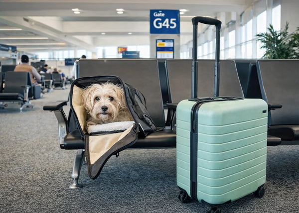 Hond in reistas op luchthaven naast koffer; reizen met hond, vliegveld tips, hondentransport, Hondenhoek reisadvies