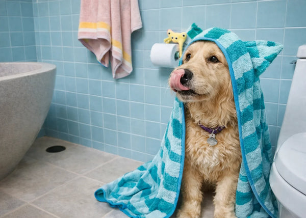 Natte hond in badkamer met blauw gestreepte handdoek; winterverzorging hond, badmoment, hondenwas, Hondenhoek tips