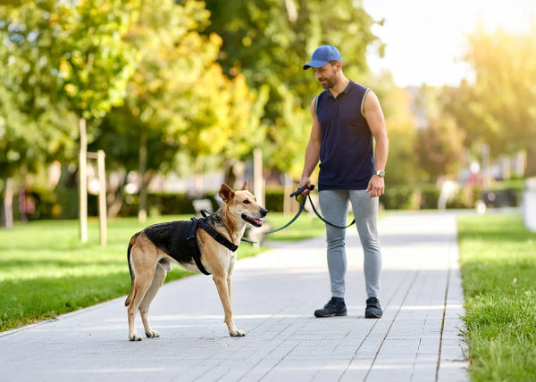 Hond aan de lijn die vriendelijk afstand houdt van andere honden, tips voor sociaal gedrag en veilig wandelen bij Hondenhoek