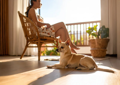 Kleine hond ontspant in de woonkamer terwijl een vrouw in een korte zomerjurk in de achtergrond zit