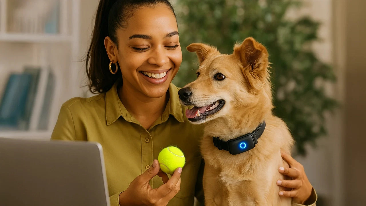 Vrouw speelt met hond en houdt tennisbal vast – hond draagt slimme tracker halsband. Hondenhoek Blog over speeltijd, training en technologie voor hondenliefhebbers.