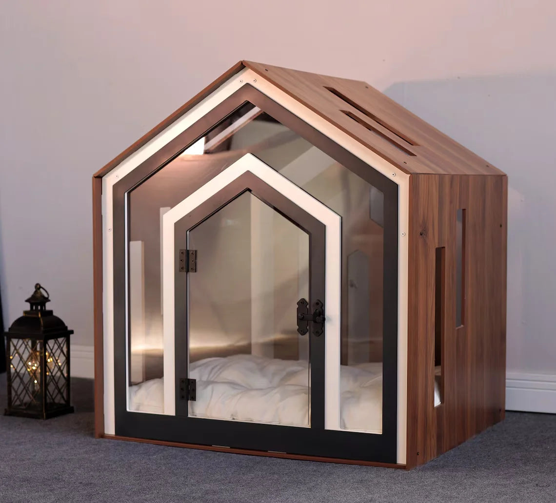 Vooraanzicht van het PETZZ™ Pro Houten Hondenhuis met transparante deur